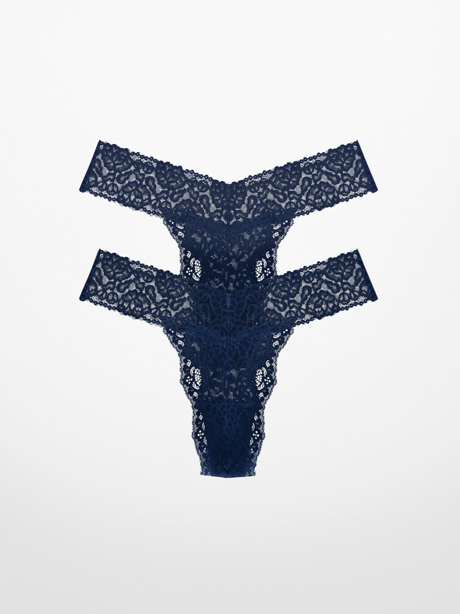 Luxe-Stretch Lace Thong in Midnight Blue- LoveSuze