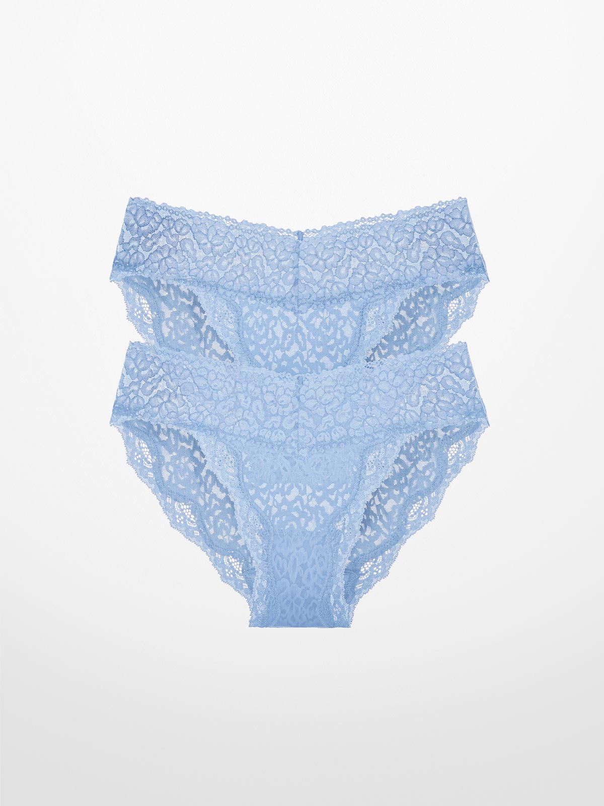 A stack of two light blue Luxe-Stretch Lace panties on a clean white background.