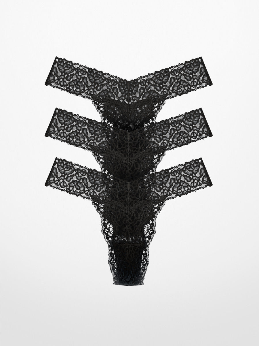 3-Pack Luxe-Stretch Lace Thong in Black