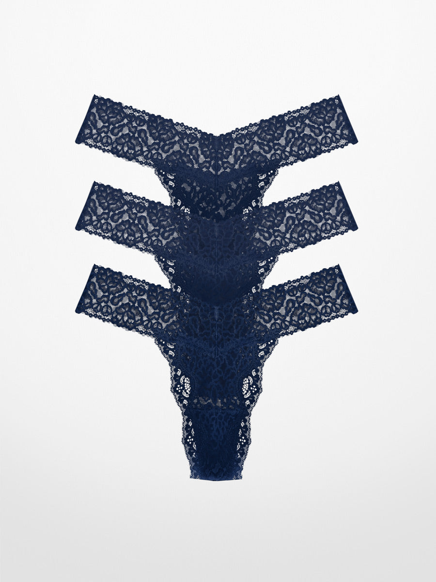 Luxe-Stretch Lace Thong in Midnight Blue- LoveSuze