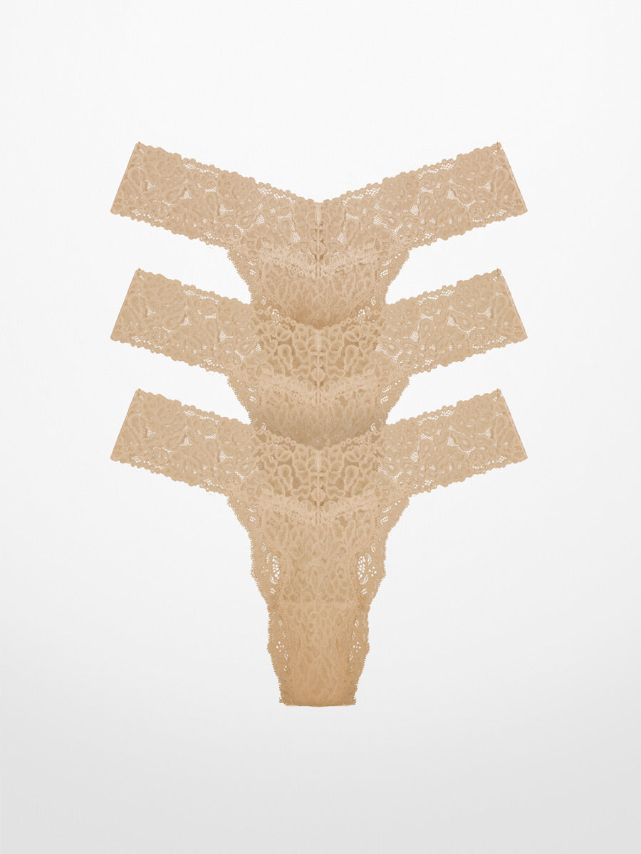 3-Pack Luxe-Stretch Lace Thong in Beige