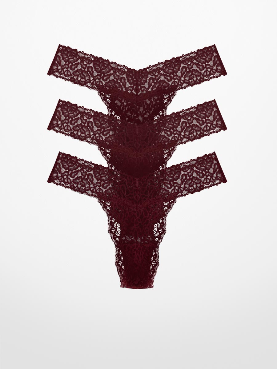 3-Pack Luxe-Stretch Lace Thong in Maroon