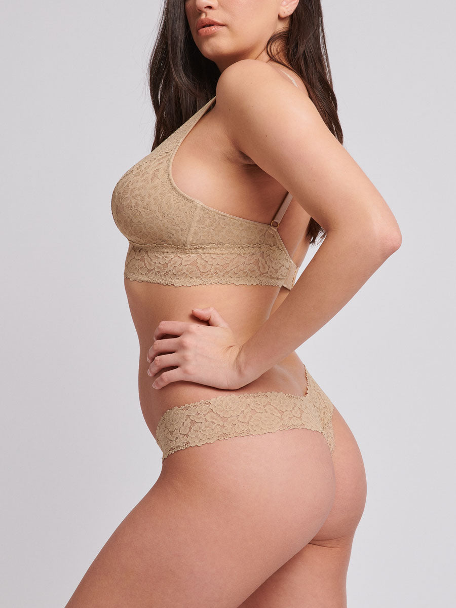 Luxe-Stretch Lace Thong in Nude - LoveSuze